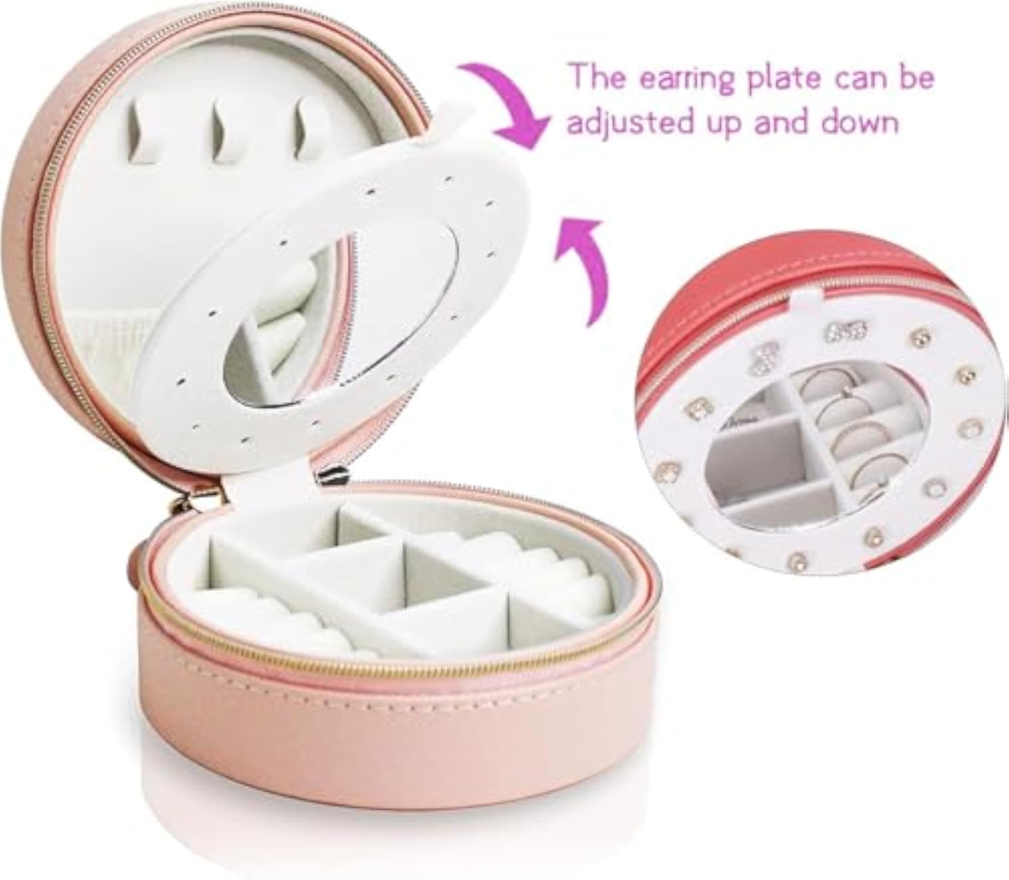 Portable Round PU Leather Jewelry Organizer Box with Mirror